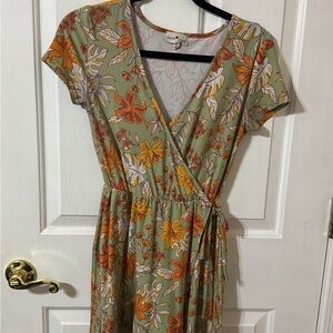 Floral Wrap Midi Dress in Sage with Orange Blooms